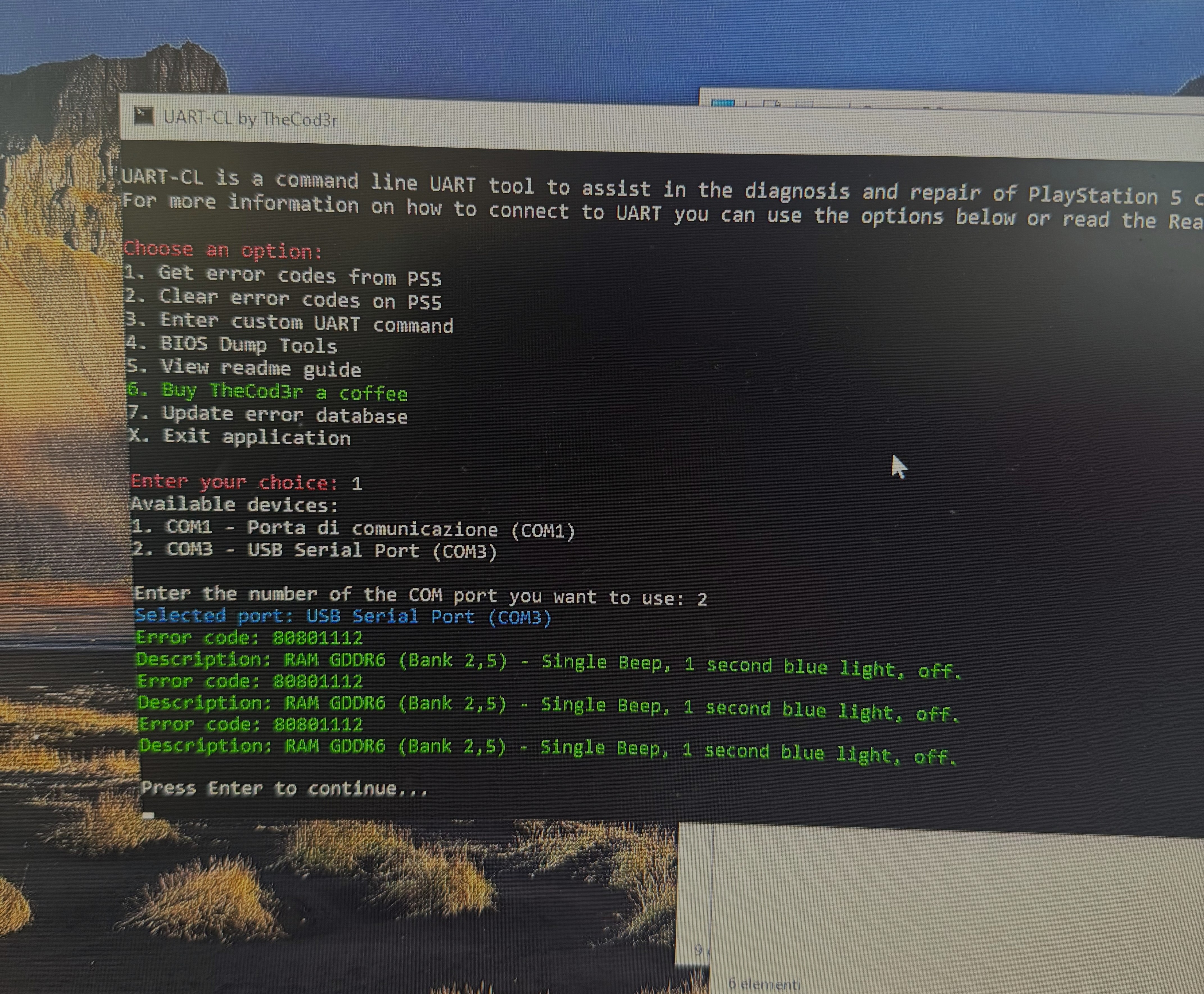Log UART PS5 con errore RAM GDDR6 bank 2,5